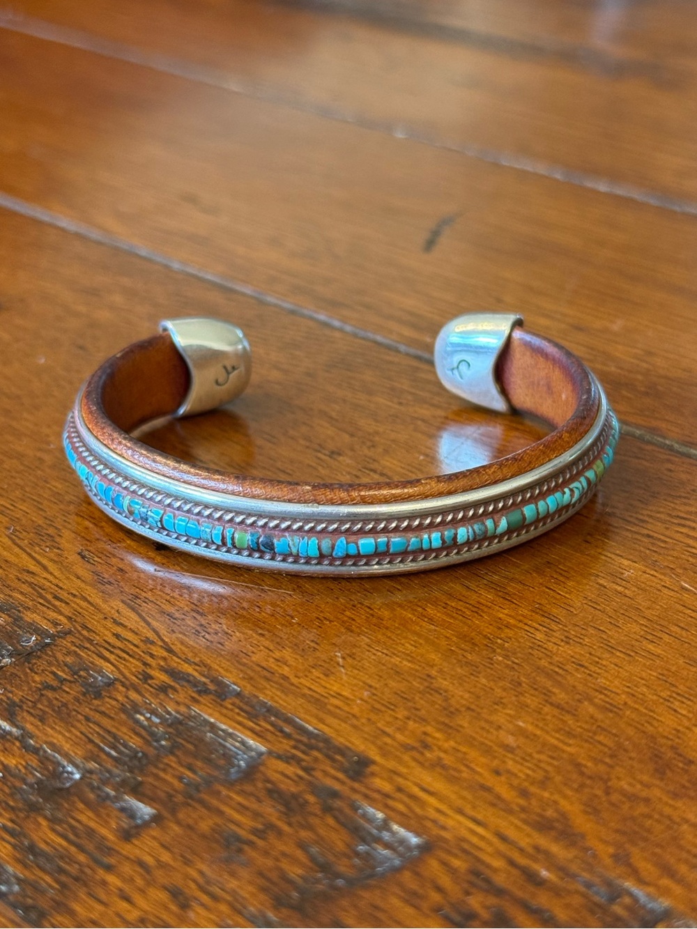 Charlie Favour Southwestern Sterling & Turquoise Leather Cuff